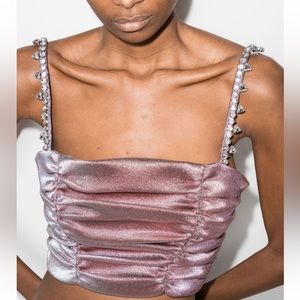 NWT ! AREA Embellished Crystal Spike Ruched Metallic Crop Top